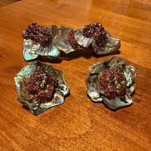 Vtg Artisan MOP Abalone and Garnet Beaded Earrings & Hair clip